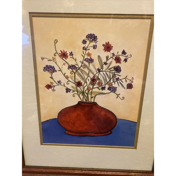 Old Vtg WATERCOLOR Art PAINTING ? FLORAL POT Wood Framed WALL HANGING 17”x20” - Picture 7 of 8